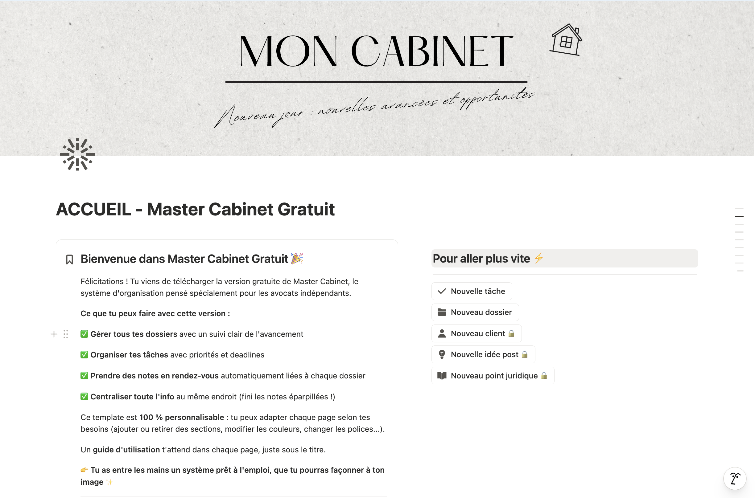 Aperçu de Master Cabinet version gratuite, template Notion pour avocats
